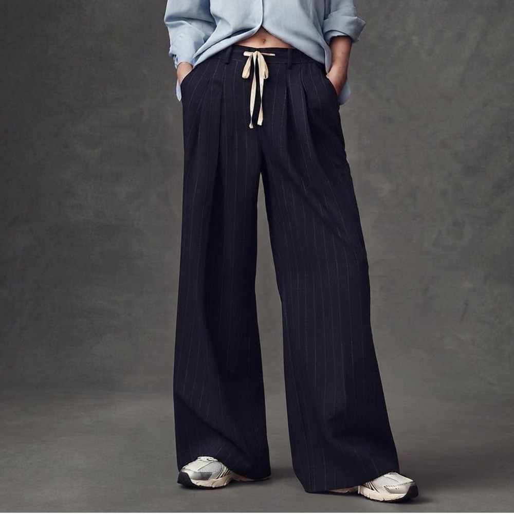 Maeve Anthropologie Avery Pleated Trousers Blue Wide Leg Tie Waist Pinstripe S